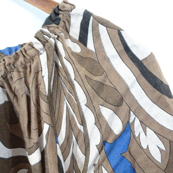 Terzo Millennio 100% Linen Graphic Print Top Size S Brown Blue Boxy Lagenlook - Picture 6 of 7